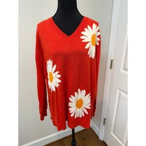 Laurie Felt  Red V-neck Sweater with White Daisy Flowers